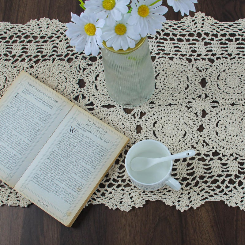 kilofly Handmade Crochet Cotton Lace Table Runner Tablecloth, 15 x 60 inch - Image 3